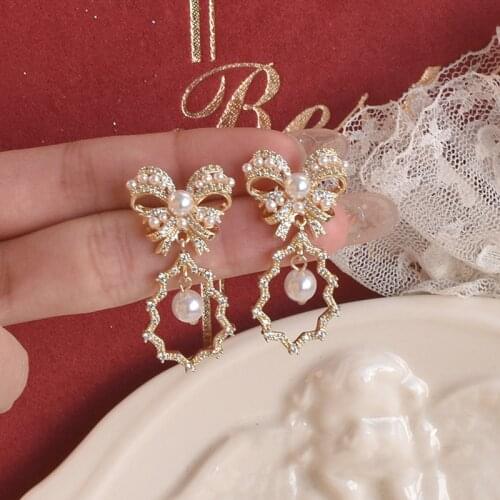 2021 New Arrival Fashion Drop Earrings Alloy Classic Bowknot Korean Pearl Bow Tassel Earrings Long Earrings For Women Jewelry