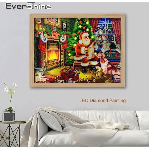 EverShine Diamond Painting LED Light Round Drill Diamond Embroidery Santa Claus Home Decor With Frame Diamond Mosaic Christmas