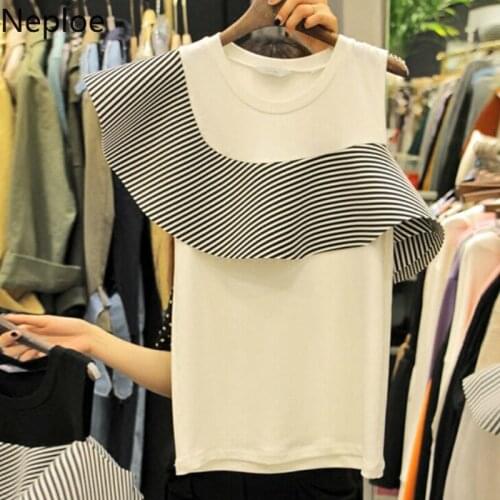 Neploe Irregular Striped Patchwork T Shirts Women Fashion O Neck Short Sleeve Female Tops Summer 2021 Casual Ruffles Slim Tees