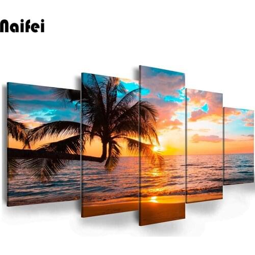 Full Square round Drill 5D DIY Diamond Painting 5 piece landscape sunset Coconut tree Embroidery Beads Cross Stitch Mosaic Decor