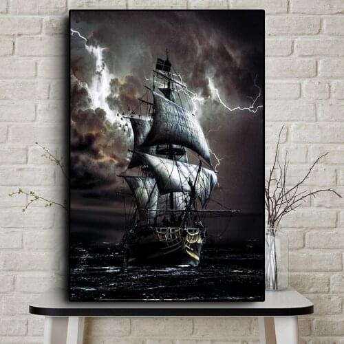 Pirate Ship Oil Painting Black Sailing Ship on Canvas Sea Retro Poster Office Living Room Home Decoration Ship Frameless Mural