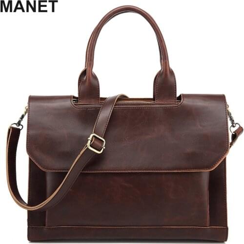 MANET 15.6 in Leather Laptop Bag Men Handbag High Quality Wearable Male Business Briefcase Folders for Documents Messenger Bag