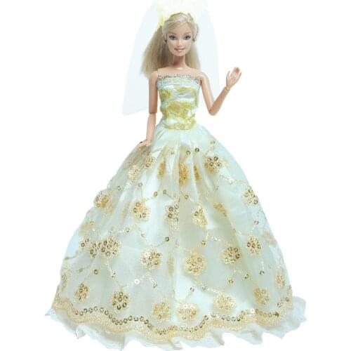 Fashion Yellow Dress Wedding Party Gown With Veil Elegant Princess Lace Clothes for Barbie Doll Accessories Baby Girl DIY Toys