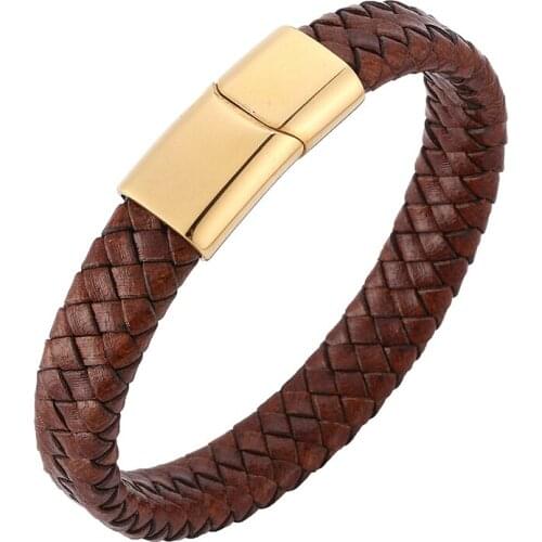 Fashion Men Jewelry Brown Braided Leather Bracelet Golden Stainless Steel Magnetic Clasp Punk Vintage Male Leather Bangle SP0232