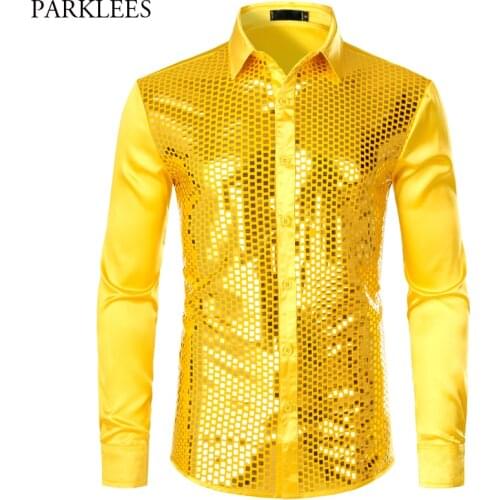 Mens Luxury Sequin Dress Shirts Long Sleeve Silk Satin Shiny Disco Party Shirt Men Chemise Stage Dance Nightclub Prom Costume