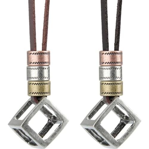 Men Jewelry Punk Cube Pendant Necklace Hollow Cube Shellhard Couple Women Vintage Leather Necklace Jewelry Bijoux Femme Gift