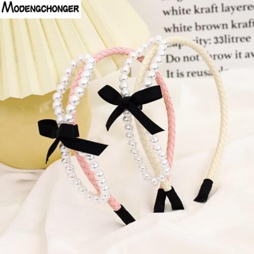 New Fashion Sweet Headband For Woman Girls PU Leather Thin Hairband Elegant Pearl Bow Hair Hoop Bezel Headwear Hair Accessories