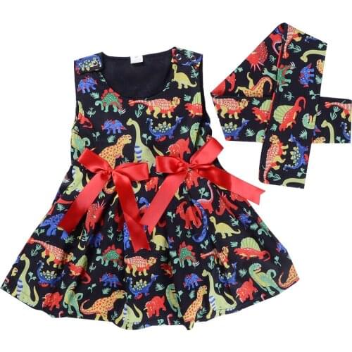 Baby Girls Clothes Sleeveless Colorful Dinosaur Print Bow Ruch Dresses Bebe Girls Kids Cloth