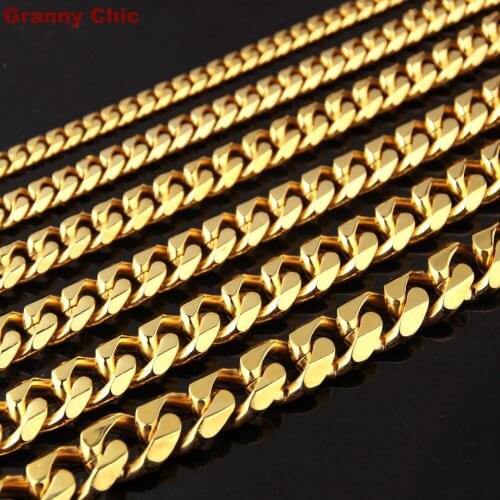 Granny Chic Mens Hip Hop Gold Tone Stainless Steel Fashion High Polished Curb Cuban Necklace Link Chain 8mm-19mm16"-40"
