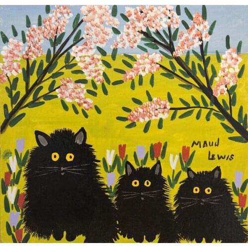 Print On Canvas Fine Art Poster Vintage Sign Funny Black Coffee Cats Flower Floral for Home Wall Decor(Three Black Cats by)