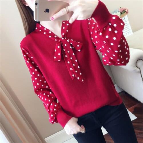 Bow V-Neck Long-Sleeved pullover Sweater Women 2021 New Spring Autumn Korean Fashion Loose Versatile Chiffon Knitting Top Female