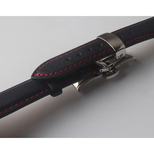 Genuine Leather Watchband smooth Black cowhide leather with blue line stitched 18mm 20mm 22mm 24mm butterfly buckle clasp silver