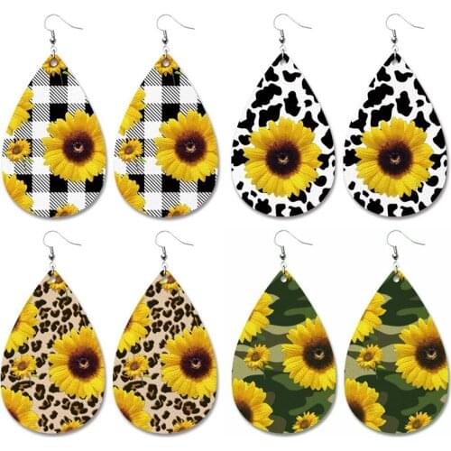 Sunflower Printed Genuine Leather Teardrop Dangle Drop Earrings for Women