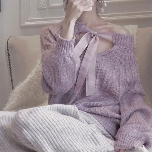 Korean Sweater Solid Full Bow Pullover Autumn Winter Loose Women Sweaters Warm Cute Knit Ropa Mujer Regular Female Tops