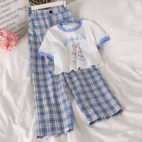 Summer Two Piece Set Women Casual Bear Pattern Short Sleeved T-shirt + Wide Legged Pants Matching Set