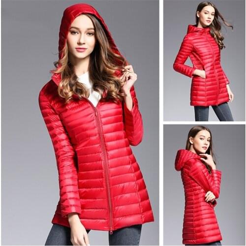 IANLAN Winter Womens Solid Hooded Down Coats Casual Long 90% White Duck Down Jackets Fashion Ladies Long Sleeve Parka IL00398