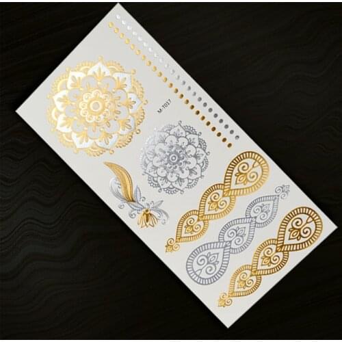 1PC Flash Metallic Waterproof Temporary Tattoo Gold Silver Men Women Henna GM-T017 India Bracelet Flower Design Tattoo Sticker
