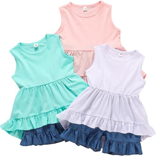 2Pcs Baby Children Girls Outfits Solid Sleeveless O Neck Ruffle Irregular Hem Tops Short Jeans Infant Toddler Summer Sets 1-5T
