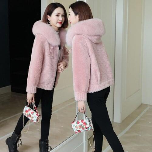 2020 Autumn Winter Women Sheep Shearing Warm Coat Furry Jacket Plus Size Ladies Fake Fox Fur Collar Hooded Short Outwear H798