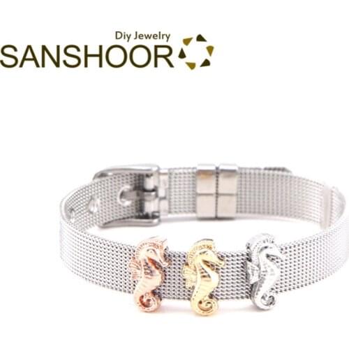 SANSHOOR Cute Seahorse Keeper Slide Charms Fit 10mm Wide Stainless Steel Mesh Bracelet For Women Valentines Day Gifts 3Pcs