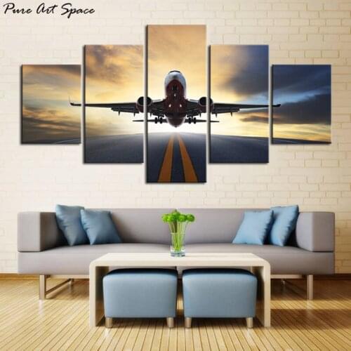 5 Panel Airplane Pictures Print on Canvas Landscape Skyline Artwork Canvas Wall Art for Living Room Bedroom Home Decorations