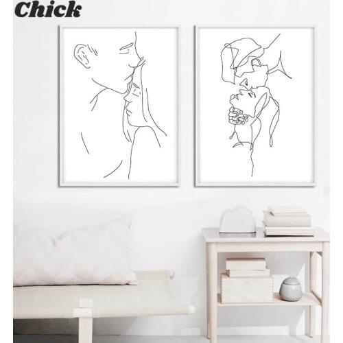 Line Drawing Couple Kiss Abstract Poster Wall Art Canvas Print Black White Simple Painting Decorative Picture Modern Home Decor
