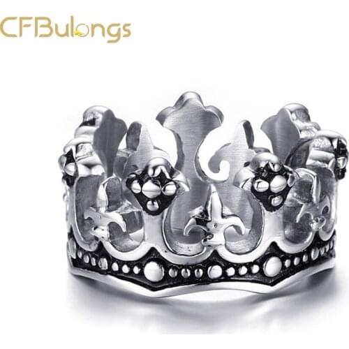 CFBulongs Men Vintage Gothic Crown Ring Black Royal King Crown Knight Fleur De Lis Cross Hip Hop Jewelry Girlfriend Gift