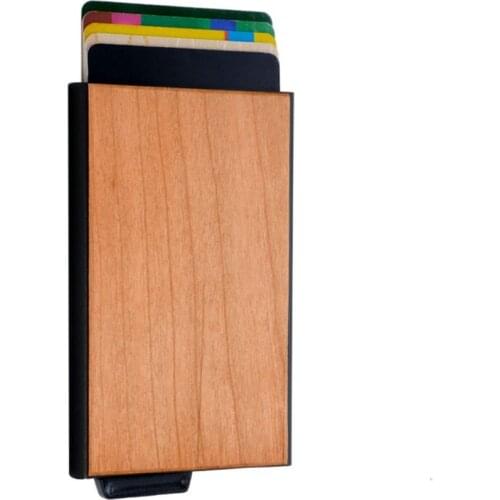 Vintage Mini Card Wallet with Bamboo Wood Rfid Protector Aluminum Automatic Pop Up ID Card Holder Metal Bank Credit Card Case