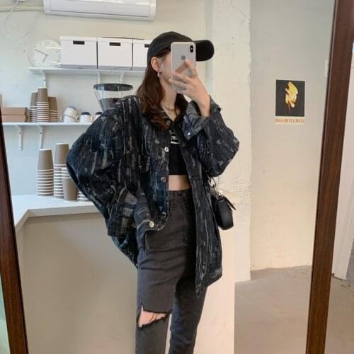 Spring Autumn Black Hole Denim Jacket Women Oversized Outerwear Loose Harajuku Long sleeve Jeans jacket Casual Casaco Feminino