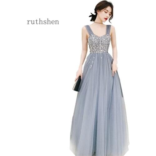 Long Prom Dresses Tulle 2020 New Gray Low Back Beaded A Line Special Occasion Evening Gown For Women