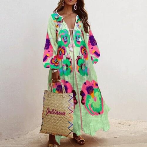 Spring Elegant Floral Print Tassel Long Party Dress Vintage Long Lantern Sleeve Ladies Dresses Women V Neck Casual Loose Dress