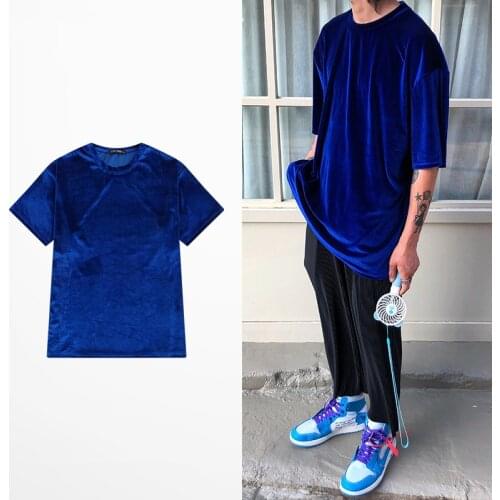 Summer Men vintage black blue Solid Oversized Velour Short sleeve tshirts Streetwear Men Loose Casual O-neck Velvet T Shirts Tee