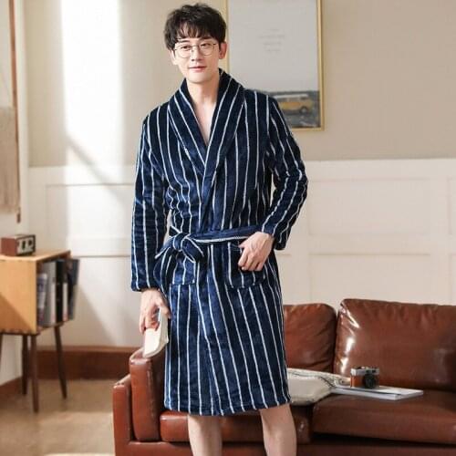 Men Stripe Casual Kimono Bathrobe Autumn Winter Flannel Long Robe Thick Warm Sleepwear Nightgown Male Casual Home Wear Bath Robe