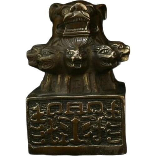 China Chinese Copper Brass Lion Beast Head Statue Seal Stamp Signet Statues for Decoration Collection Ornaments Figurines