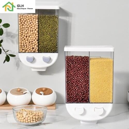 2L Kitchen Whole Grains Cereal Dispenser Divided Sealed Storage Tank 2 Grids Wall-Mounted Food Storage Containers