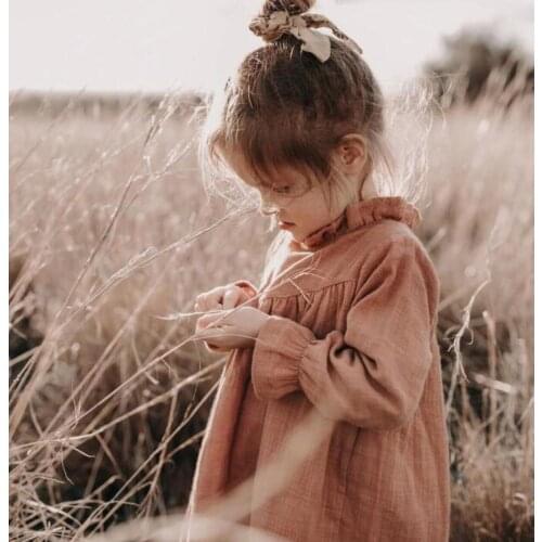 2021 Korea style girls dress fashion cotton linen spring autumn girls dresses