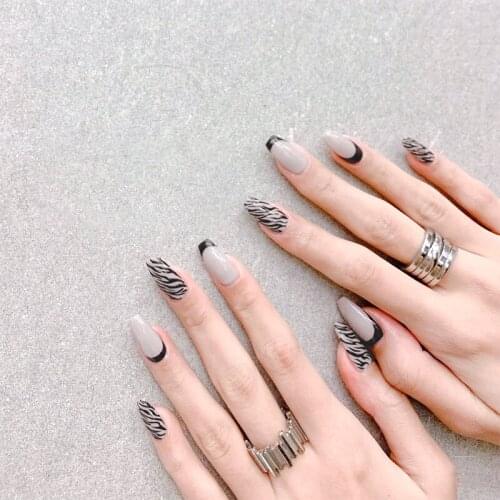 24 Pcs Fashion Zebra Pattern Ins Style Glossy Fake Nails Long Ultra Thin Grey Coffin False Nails with Adhesive Tape Glue Sticker