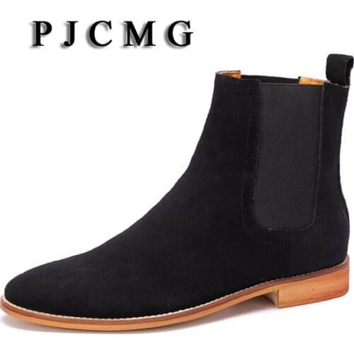 PJCMG High Quality Men Boots Elastic Band Ankle Waterproof Rubber Casual Genuine Suede Leather High Top Military Boots