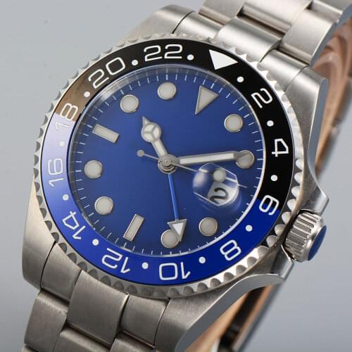 40MM Sterile Blue Dial Sapphire glass Date Luminous Ceramic Bezel Steel Bracelet GMT Automatic Movement Mens Watch