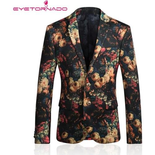 Men Floral Print Business Groom Blazer Plus Size Autumn Spring Vintage V-neck Slim Fit Formal Classic Casual Blazer E72