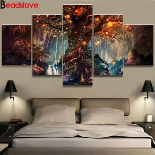 5 Panel Diy full drill square round Diamond painting Magic tree scenery diamond Embroidery sale Cross-Stitch Wall Sticker Decor