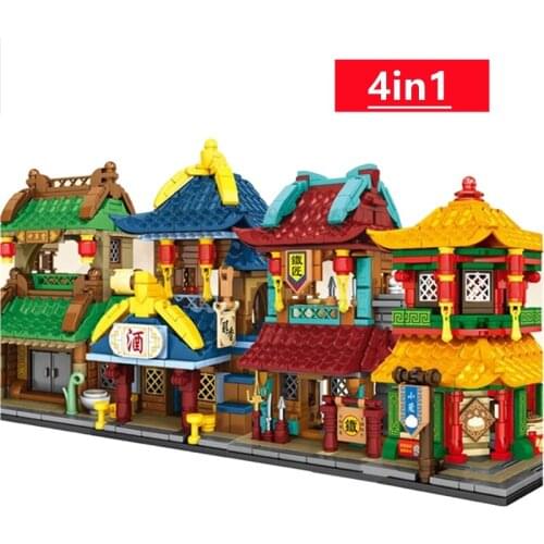 2021new Mini City Ancient Street View Architecture Series Bistro Blacksmith Shop Model Diy Kits Educational Kids Toys For Boys