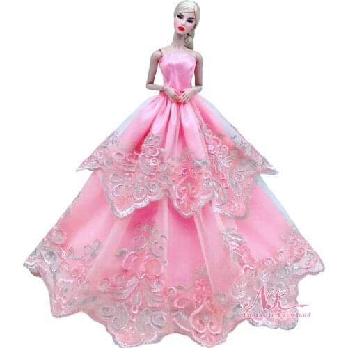 NK1 Pcs Pink Flower Lace Wedding Dress For Barbie Doll Outfits Clothes Multi-layer Party Gown For 1/6 BJD Dolls Accessories Toys