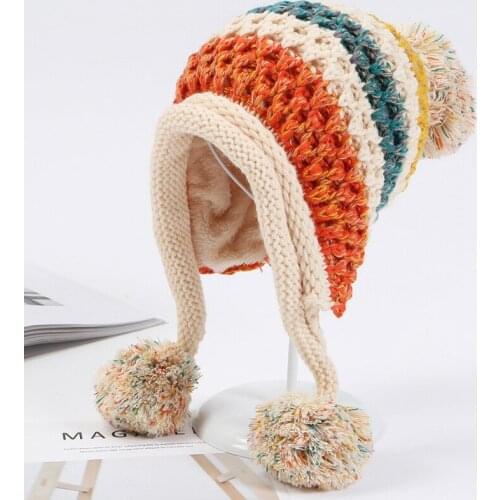 2021 New Winter Knitted Hats Women Patchwork Pompon Balls Earflap Caps Ladies Warm Thick Winter Beanies Female Beanie Hat