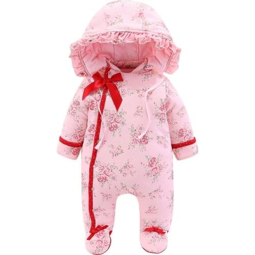 New Arrive Baby Girls Clothes Winter Infant Bebe Cotton Thicken Warm Romper Fashion Flower Long-sleeved Hooded Jumpsuit 0-12M