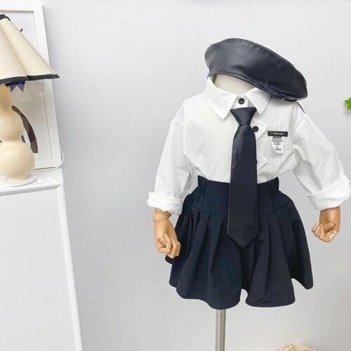 Baby Girl Autumn Suits Fashion White Shirt Black Pleated Skirt Tie 3pcs Set for Girl Kids College Style Outfit Child Clothes Set