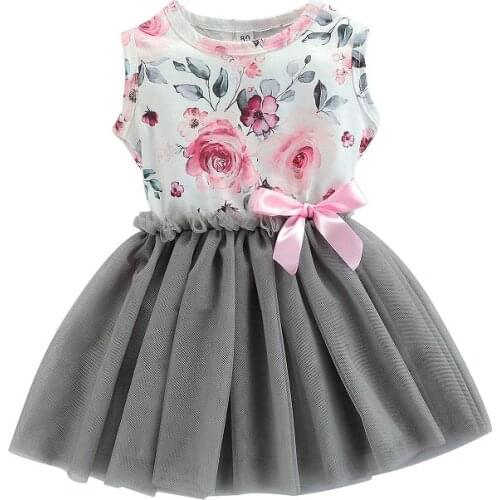 Little Girls Tulle Dress Summer Cute Sleeveless Crew Neck Floral Print Bow Front Tutu Dress Girls Casual Dresses