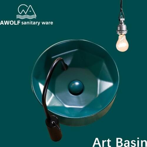 Bathroom Sinks Round Art Washing Basin 405*405*140mm Ceramic Vessel Sink Above Counter Green Geometry Shapes With Drain AM807