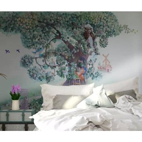 Hand painted tree rabbit squirrel bird childrens bedroom background wall