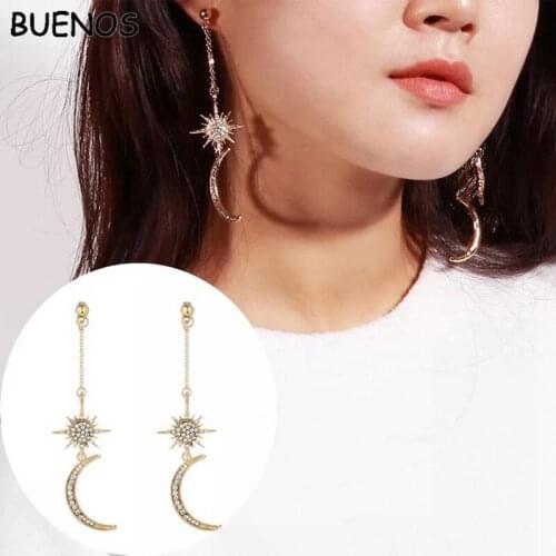 BUENOS New Trendy Korean Style Shiny Crystal Star Moon Tassel Earrings Charming Earrings for Women 2019 Fashion Jewelry Brincos
